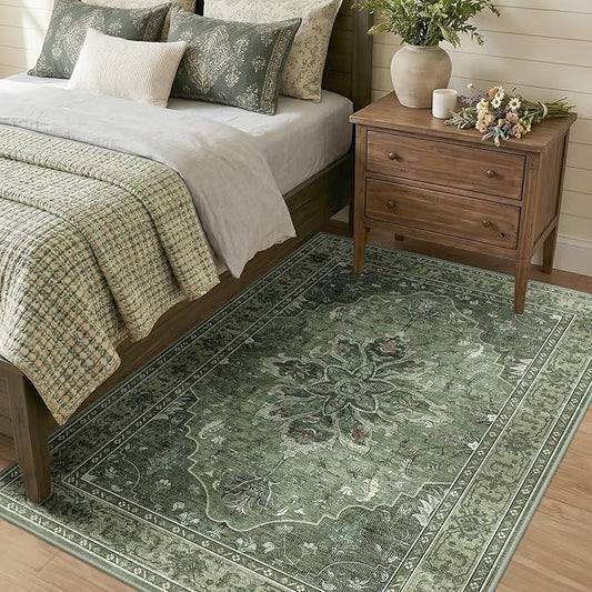 RELEANY Area Rugs 4'x6' Washable Non-Slip, Floral Vintage Distress Medallion Carpet for Living Room Bedroom Dining Room, Dark Green Gray