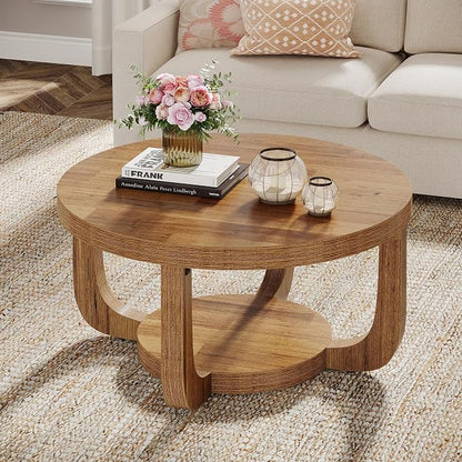 Tribesigns Round Coffee Table, 2-Tier Circle Coffee Table with Storage, Modern Wooden Accent Center Table for Living Room, Thick Tabletop & Base (Rustic Brown)
