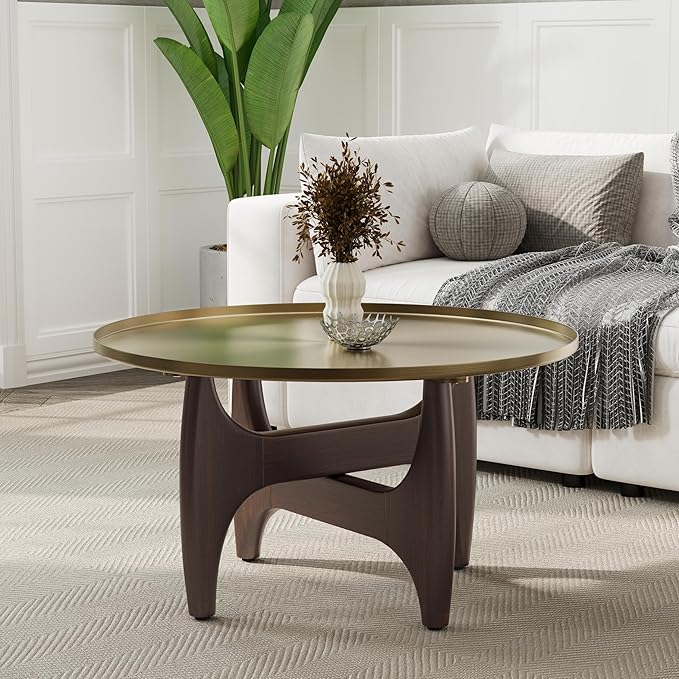 ACEDÉCOR Wood Living Room Table Set, Round Coffee Table Set with1 End Table, 2 Piece Living Room Set with Walnut Geometric Legs and Brushed Gold Tray Top, Easy to Clean