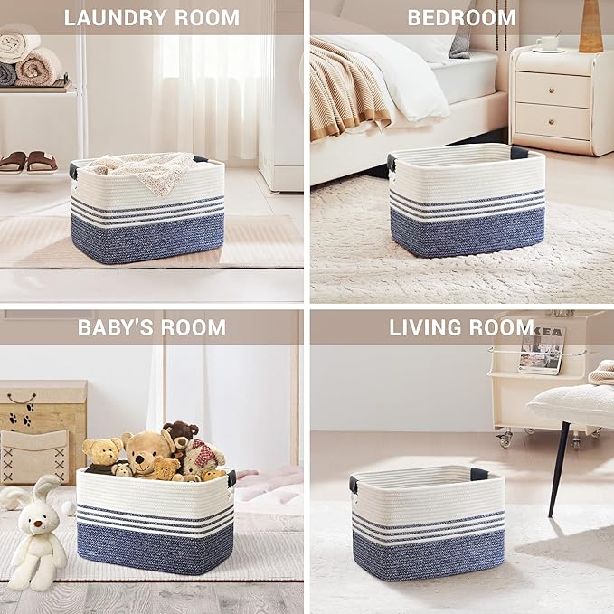 SunNewt 45L Small Laundry Basket with Leather Handles for Living Room Storage, Woven Rope Baskets Bin for Blanket, Kids Toy, Gifts, Wicker Hamper for Bedroom Dirty Clothes, 18"x14"x11" Denim Blue