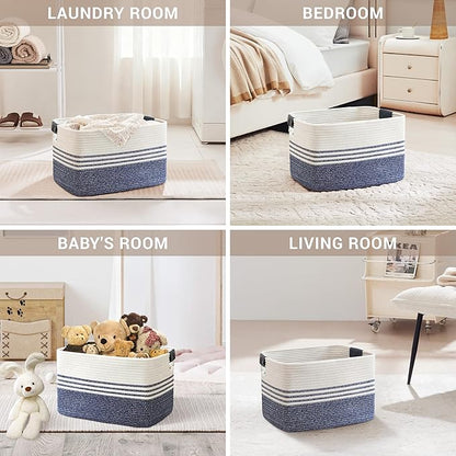 SunNewt 45L Small Laundry Basket with Leather Handles for Living Room Storage, Woven Rope Baskets Bin for Blanket, Kids Toy, Gifts, Wicker Hamper for Bedroom Dirty Clothes, 18"x14"x11" Denim Blue