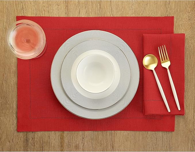 Solino Home Linen Cloth Placemats Set of 6-100% Pure Linen Hemstitch Red Placemats 14 x 19 Inch - Classic Hemstitch Table Place Mats for Valentines, Winter