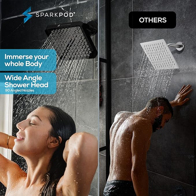 SparkPod Rain Shower Head, 8 Inch Square | High Pressure Shower Heads, 90 Nozzle (Touch-to-Clean), Adjustable Showerhead, No-tool Universal Connection