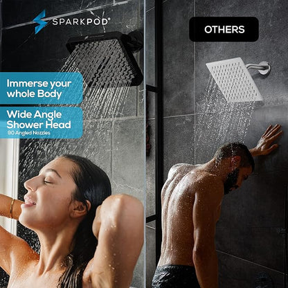 SparkPod Rain Shower Head, 8 Inch Square | High Pressure Shower Heads, 90 Nozzle (Touch-to-Clean), Adjustable Showerhead, No-tool Universal Connection