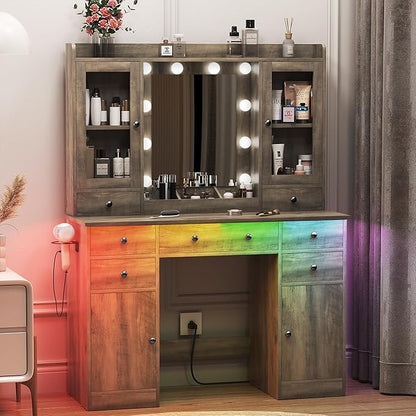 Vanity Desk with Mirror and Lights, Grey Vanity with Lighted Mirror & Power Outlet and 7 Drawers, 3 Color Modes Adjustable, Makeup Dressing Table Set with Lights for Girls Women