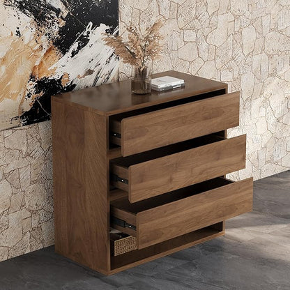 29.52" Mid Century Modern Nightstand, 3-Drawer Bedside Table with Open Shelf, Walnut Brown, Bedroom Dresser and Living Room Storage Cabinet for Small Apartment or Entryway