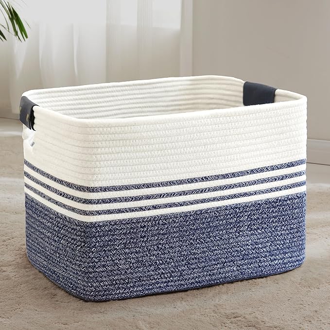 SunNewt 86L Extra Large Laundry Basket with Leather Handles for Living Room Storage, Woven Rope Baskets for Blanket, Kids Toy, Gifts, Wicker Hamper for Bedroom Dirty Clothes, 24"x16"x14" Denim Blue