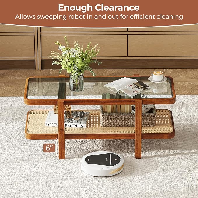 Giantex Rattan Coffee Table, 47.5" Rectangle Solid Wood Tea Table w/Tempered Glass Tabletop, Rattan Storage Shelf, 2-Tier Boho Coffee Tables, Farmhouse Center Table for Living Room (Brown)