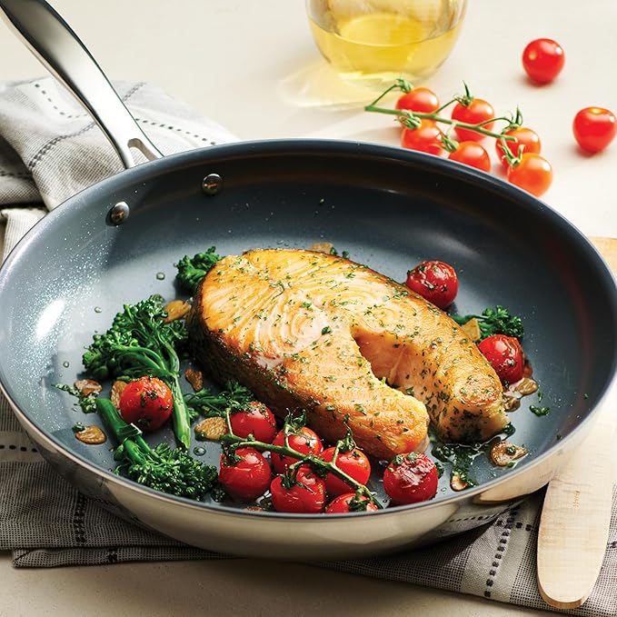 Tramontina Signature 12-Inch Tri-Ply Clad Stainless Steel Large Frying Pan with Ceramic Non Stick Interior, Induction-Ready Nonstick Skillet, Oven-Safe, Made in Brazil