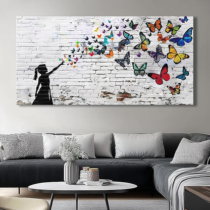 Canvas Wall Art Butterfly Girl - Modern Graffiti Paintings for Living Room, Bedroom Wall Decor, Framed Wall Art for Home or Office Decoration 20"x40"(50CMx100CM)