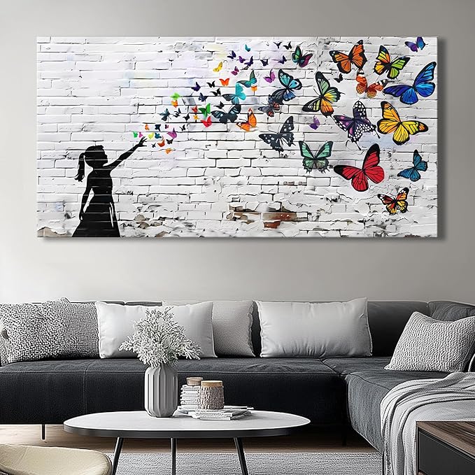 Canvas Wall Art Butterfly Girl - Modern Graffiti Paintings for Living Room, Bedroom Wall Decor, Framed Wall Art for Home or Office Decoration 48x24in