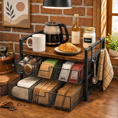Coffee Station Organizer, Countertop Coffee Bar Holder with 2 Drawers, 4 Side Hooks, Holds 36 K Cups, Coffee Pods, Capsules, Rustic Brown Storage for Tea Bags, Syrup, Kitchen, Apartment, Home, Office