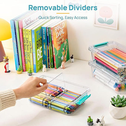 Vtopmart 4 Pack 1.5Qt Clear Pencil Box, Plastic Pencil Holder with Removable Divider for Pen Organizer, Small Stackable Containers with Lid for Pen, Art Craft, Sticker, Scrapbook & Office Supplies