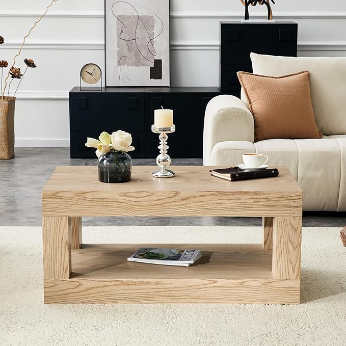 LKTART 39.37" Coffee Table with Storage, 2-Tier Mid Century Rectangular Accent Table with Thick Tabletop, Rustic Style Cocktail, Center Table for Living Room, Office, Apartment (Natural)