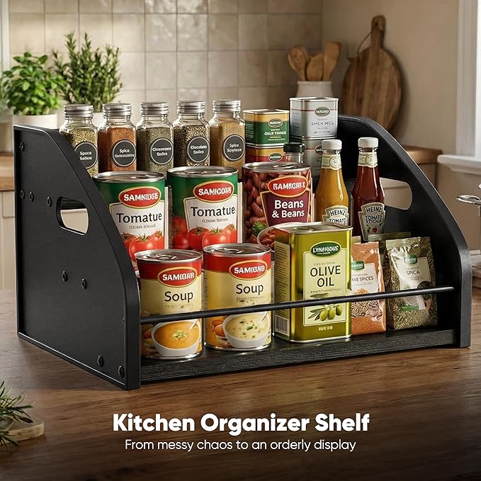 Countertop Liquor Bottle Organizer Shelf, 3-Tier | Rustic Display Rack, For Wine & Coffee Syrups, Freestanding Bar and Kitchen Storage, Easy-Carry Handles