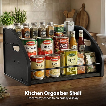 Countertop Liquor Bottle Organizer Shelf, 3-Tier | Rustic Display Rack, For Wine & Coffee Syrups, Freestanding Bar and Kitchen Storage, Easy-Carry Handles