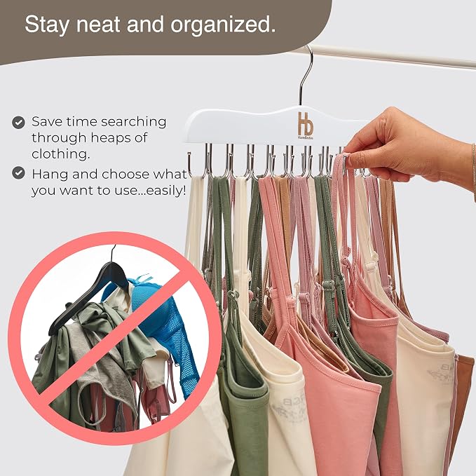 Large Bra Hanger and Bra Organizer for Closet – Tank Top Hanger Space Saving for House, Dorm, Apartment - Foldable Wooden for Closet Organizer– with 20 Hook - Lotus Wood, White, 1 Pack