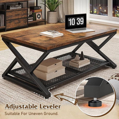 EnHomee Rustic Coffee Table with Storage, Farmhouse Coffee Table with Mesh Shelf, 2 Tier Rectangular Center Table for Living Room, Home Office, 39.4 Inch, Rustic Brown