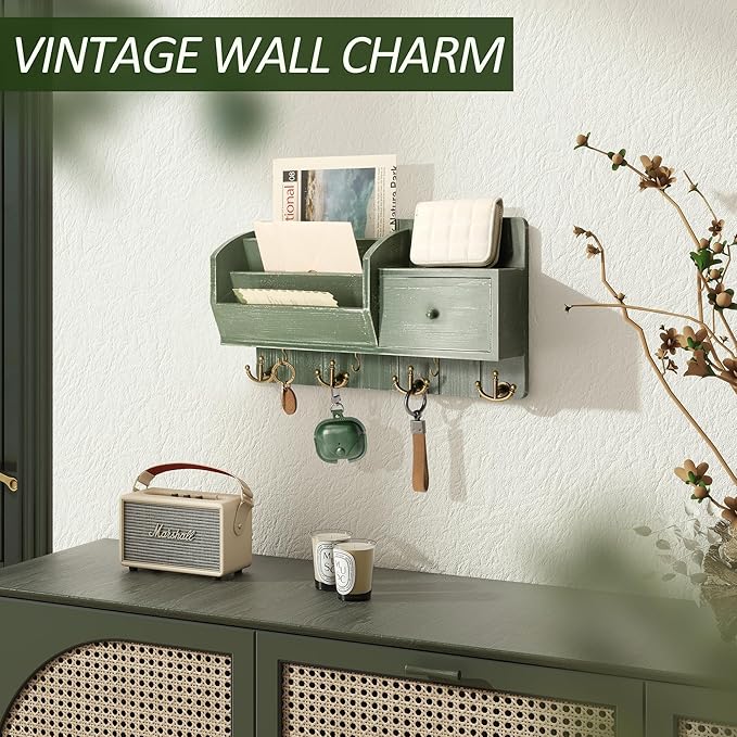 Rebee Vision Farmhouse Key Holder Wall Mount with Mail Sorter - Stylish Mail Organizer with Key Hooks and Drawer Organizer for Home Decor - Rustic Apartment Essentials for Home Improvement (Green)