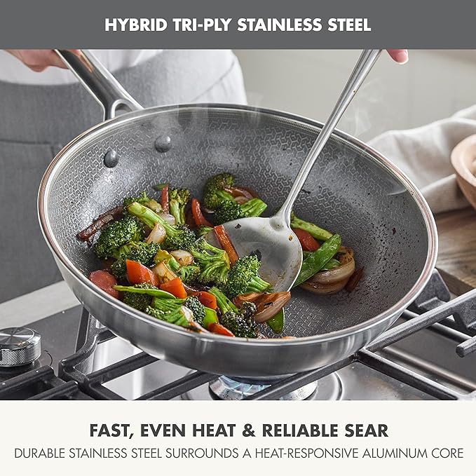 GreenPan Hybrid 11” Nonstick Stainless Steel Wok Pan, APEX Tri-Ply Thermobond PFAS-Free Ceramic Skillet, Induction & All Cooktop Compatible, Oven Temp to 850°F, Dishwasher Safe, Silver
