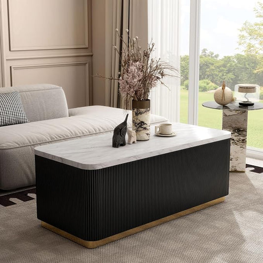 Furniture of America Beryl Modern Rectangle White Genuine Marble Top Coffee Table with Fluted Pedestal Base and Gold Stainless Steel Accent, Low Profile Table for Living Room, Home Office, Black