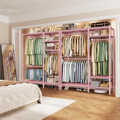 Raybee Portable Closet 780LBS, Heavy Duty Clothes Rack, Freestanding Clothing Rack with 3 Hanging Rods & 6 Shelves, Adjustable Wardrobe Closet Organizer System, Pink