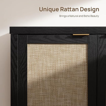 SICOTAS Rattan Sideboard Buffet Storage Cabinet - 3 Pieces Boho Farmhouse Coffee Bar Cabinet Credenza Cabinet with Storage and Rattan Decorated Doors for Home Kitchen, Black