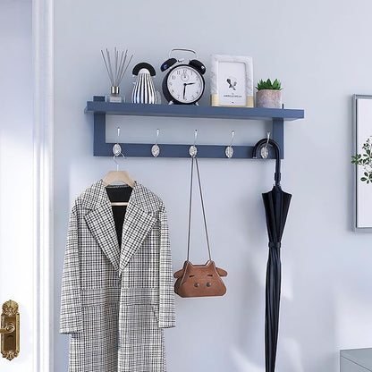 SMIBUY Coat Hooks with Shelf Wall-Mounted, 29.2 Inch Entryway Coat Rack for Wall, Bamboo Hanging Shelf with 5 Double Metal Hooks for Bathroom, Bedroom, Kitchen, Living Room, Mudroom (Grey)