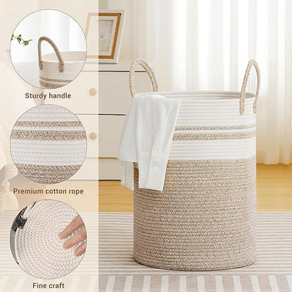 Tall Laundry Basket with Handles, 58L Portable Dirty Clothes Hamper, Boho Cotton Rope Storage Bin for Blankets Kids Toys Gifts, Decorative Organizer for Nursery Bedroom Bathroom, New Brown