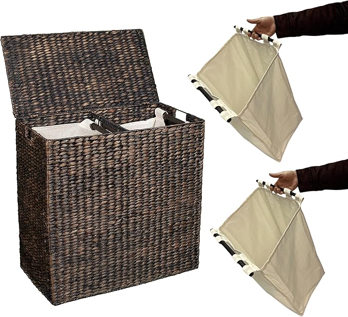 BirdRock Home Water Hyacinth Laundry Hamper Divided Interior (Espresso) | Eco-Friendly | Made of Hand Woven Hyacinth Fibers | Includes Two Removable Cotton Liners Bag | Wicker Laundry Basket with Lid