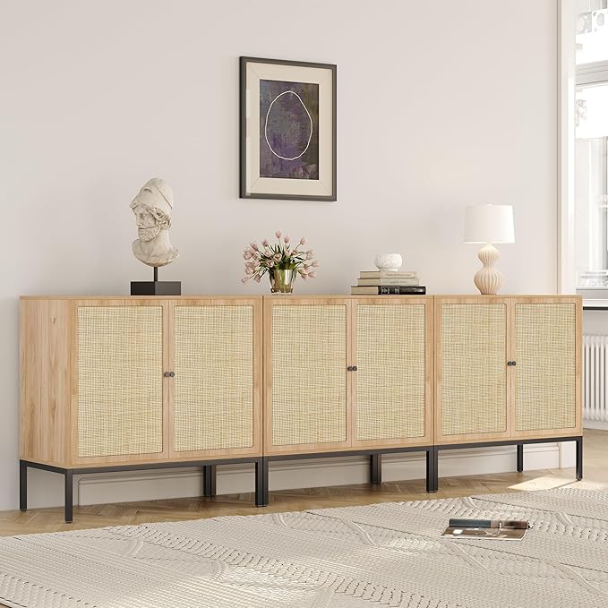 Yechen Set of 2 63" Sideboard Cabinet with Natural Rattan Doors, Buffet Console & Accent Cabinet, Rattan Credenza Storage with Metal Legs for Living Room, Kitchen, Dining Room