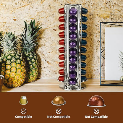 Silver 40 Pods Coffee Pod Holder for OriginalLine Capsules – 40 Pods Capacity, Countertop Coffee Capsule Carousel Organizer, Space-Saving Storage Rack