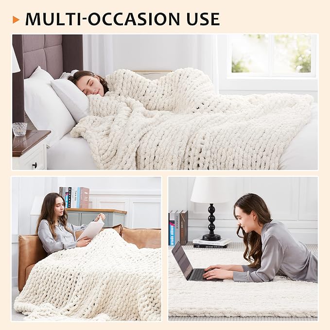 L'AGRATY Chunky Knit Blanket Throw: 72''x84'' Chenille Chunky Knitted Throw Blanket for Bed Couch - Handmade Thick Big Cable Knit Blanket - Large Chunky Crochet Rope Blanket for Home Decor(Ivory)