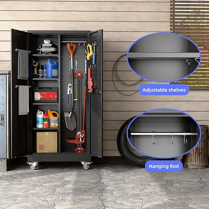 Metal Broom Closet Storage Cabinet, Garage Storage Cabinet with Wheels, 5 Pegboard, Hanging Rod and 13 Hooks for Garage Home, Black, Assembly Required, 61.7" H x 27.6" W x 13.8" D