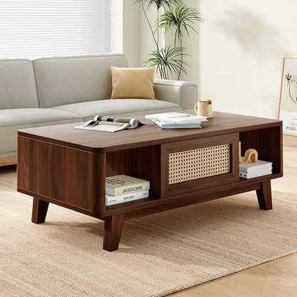 Soohow Coffee Table, Mid Century Living Room Tables with Storage, Modern Square with Rattan Drawer, Wooden Living Room Table with Solid Wood Leg