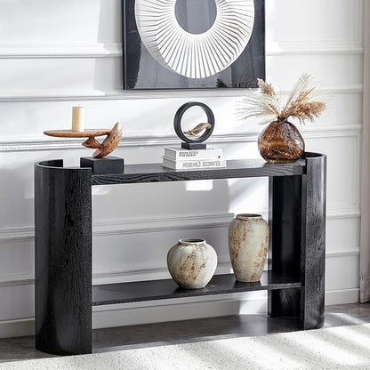 53" Console Table for Entryway, Narrow Sofa Entrance Table with Faux Mars Marble Pattern, Modern Sofa Tables with Storage Shelf for Living Room, Hallway, Foyer, Home Office, Black