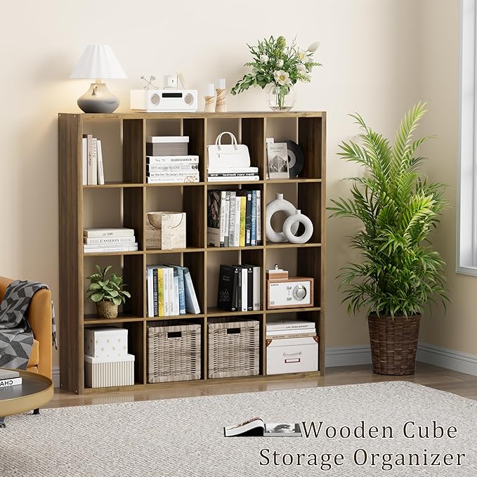 Cube Storage Organizer Bookcase, Decorative 11 inch Open Back Cubical Shelf with Thickened Border, Display Bookshelf for Living Room, Home Office, Sturdy Room (Brown, 16 Cube)
