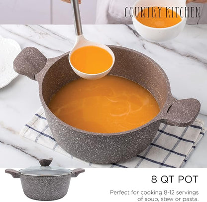 Country Kitchen Non-Stick Cast Aluminum Cookware Set - Durable Kitchen Cookware for Everyday Cooking, Chocolate Brown, 6 Pc.