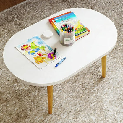 Oval Coffee Table Low Table with 4 Solid Wood Sturdy Legs,Floor Table Desk for Sitting on The Floor,19.7"D x 31.5"W x 16"H Inches,Living Room/Toy room Furniture,Rental house Furniture(White-Oval)