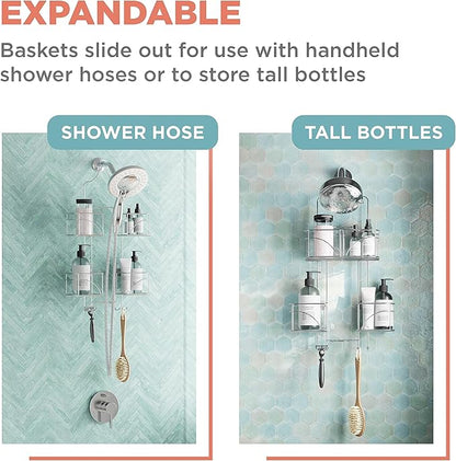 Zenna Home Shower Caddy Hanging Bathroom Organizer, Steel Shower Shelves with 4 Sliding Baskets and Built in Hooks, Accomodates Hose for Handheld Shower Head Storage System, Chrome