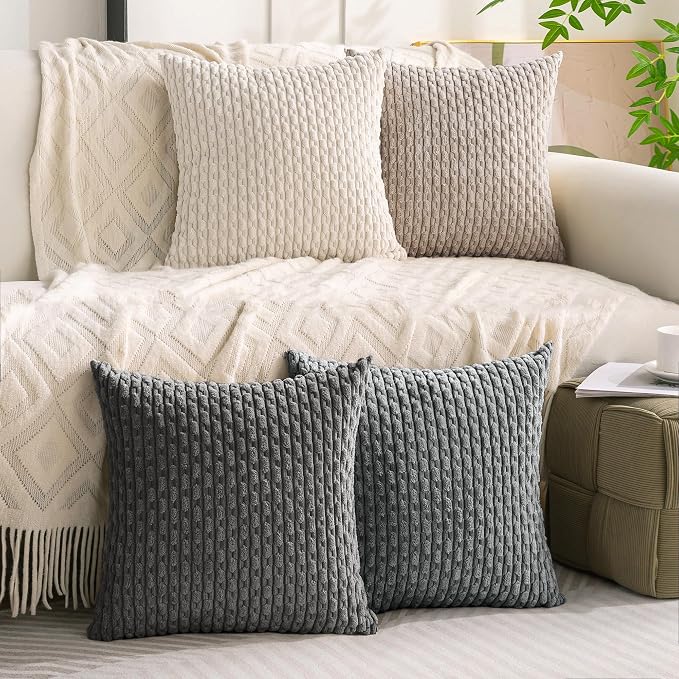 Set of 4 Grey White Taupe Decorative Throw Pillow Covers 26x26 Inch Corduroy Pillow Covers for Bed Couch Sofa Living Room Soft Square Cushion Cases
