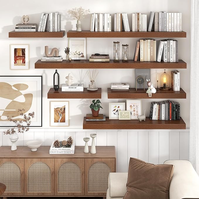 Floating Shelves for Wall, 55 Inch Wide x 12 Inch Deep Floating Shelves, Long Wood Floating Wall Shelf Shelves for Living Room Bathroom Bedroom Kitchen Home - (Walnut, 55" W x 12" D x 2" H)