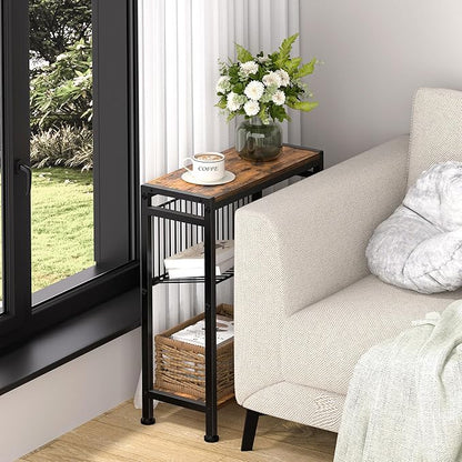 Small Side Table Set of 2 for Small Space, 3-Tier Narrow End Table with Magazine Holder, Slim Nightstand, Skinny Snack Couch Table in Living Room, Bedroom and Balcony (Rustic Brown &Black)