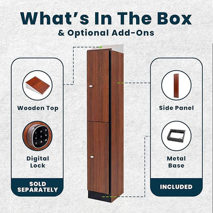 Alpine 2 Door Wooden Locker Cabinet - 72" Expandable Commercial Storage Lockers for Gym, Spa, Office & Golf Club - Includes Metal Base & Lock-Ready Handle, Single Column 2 Tier - Walnut