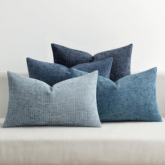 MIULEE Pack of 4 Couch Throw Pillow Covers 12x20 Inch Neutral Blue Soft Decorative Chenille Pillow Covers Farmhouse Accent Cushion Covers for Boho Western Spring Coastal Decor Sofa Bed Living Room