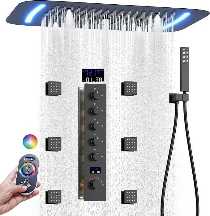 AYIVG Matte Black Shower System With Body Jets Thermostatic Shower System 64 Color LED Shower Set 16 x 26 Inch Embedded Ceiling Shower Head with Remote Control Temperature Display Shower Faucet Set
