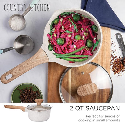 Country Kitchen Non-Stick Cast Aluminum Cookware Set - Durable Kitchen Cookware for Everyday Cooking, Speckled Cream, 6 Pc.
