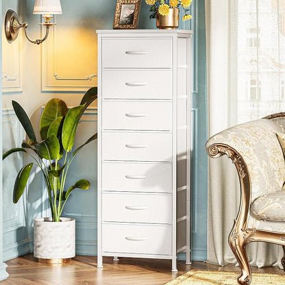 Huuger Tall Dresser for Bedroom, 7 Drawer Dresser & Chests of Drawers, Fabric Drawer for Closet, Bedroom, Night Stand, Metal Frame, Storage Tower with Fabric Bins, White