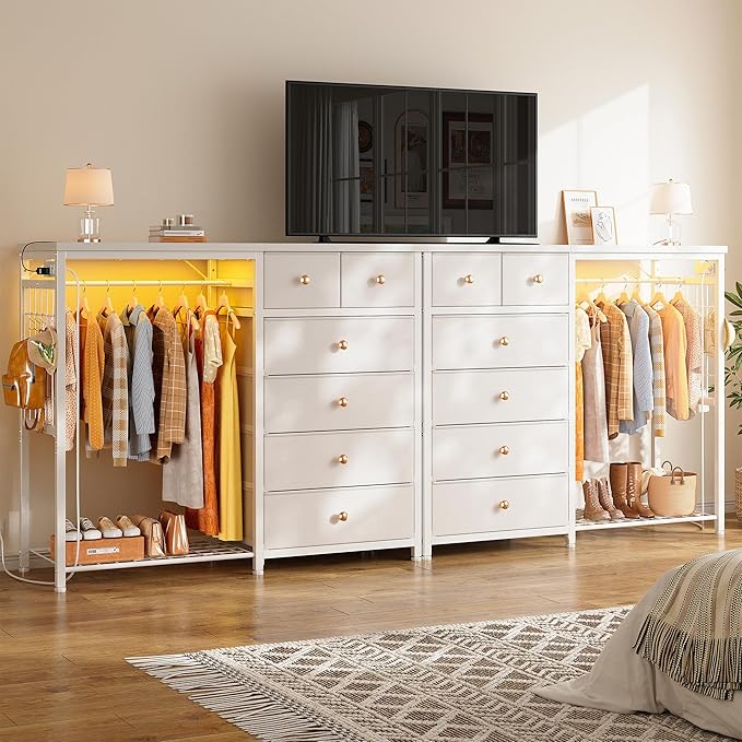 EnHomee 49.2" W Dresser with Hanging Rack & 6 Fabric Drawers for Bedroom, Featuring LED Lights and Charging Station, White Fabric Dressers & Chest of Drawers with Grid Panel & 4 Hooks, Wooden Top