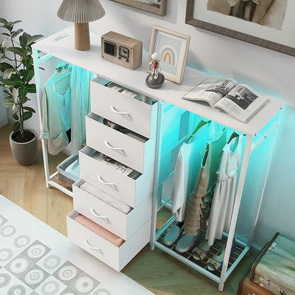 Dresser for Bedroom with Clothes Rack 5 Drawer Dresser with Charging Station LED Lights White Chest of Drawers Flexible Shelf and Open Storage Space for Bedroom Living Room (White)